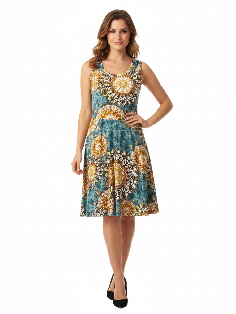 NWOT • Nicki • A-Line • Sleeveless • Fit and Flare Dress • Blue and Gold Mandala - Picture 8 of 10